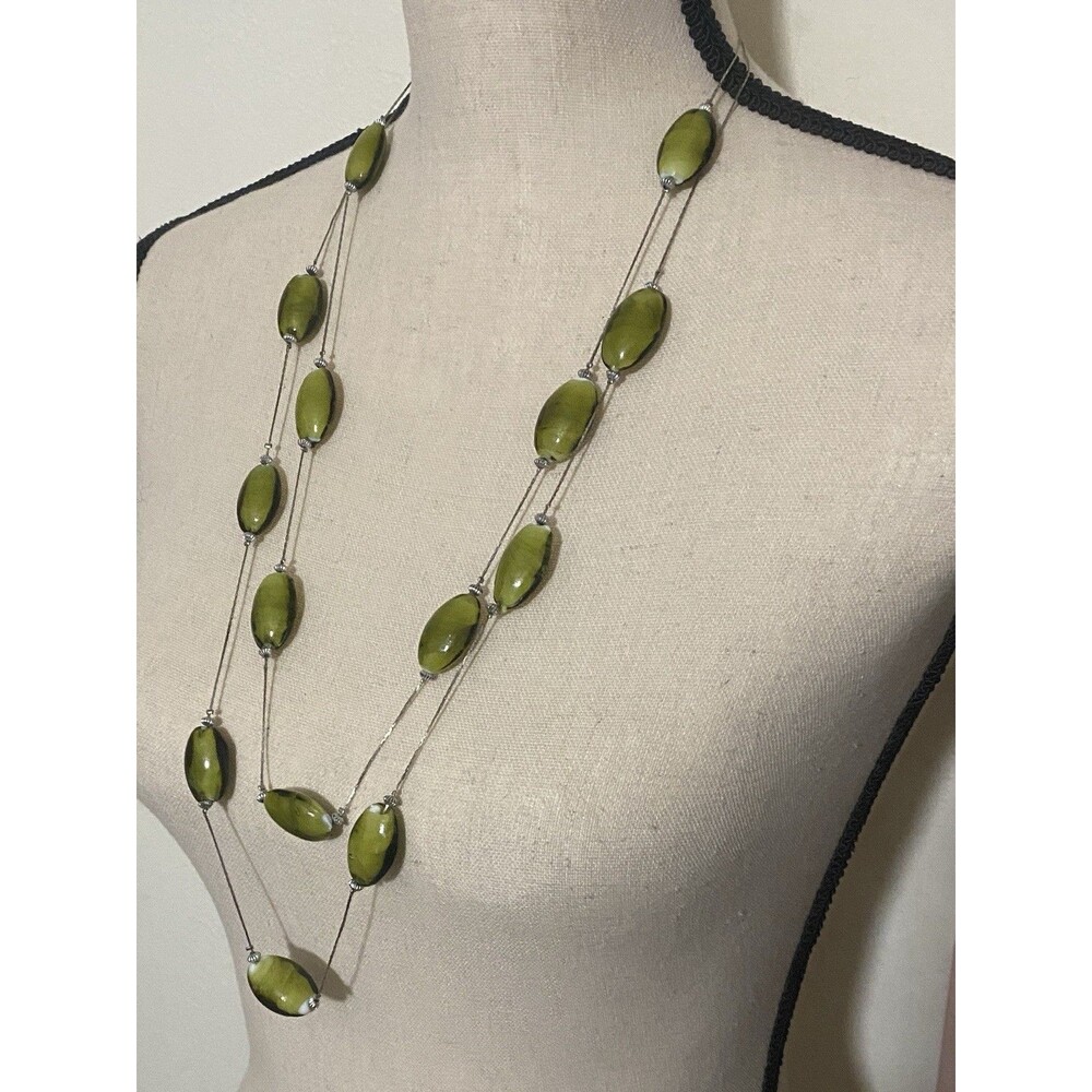 Art Glass Double Strand Chain Necklace Green & Black Beads Boho Fairy Whimsygoth - Picture 2 of 9